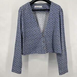 Vtg 80s Dennis Goldsmith Sm Periwinkle V-Neck Button Top Cotton Block Print Cozy